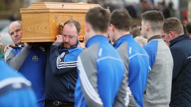 Mourners carry the coffin of John Harley at St Finian’s Church in Falcarragh. John was remembered as a kind, charming, “sound man”. Photograph: Niall Carson/PA Wire