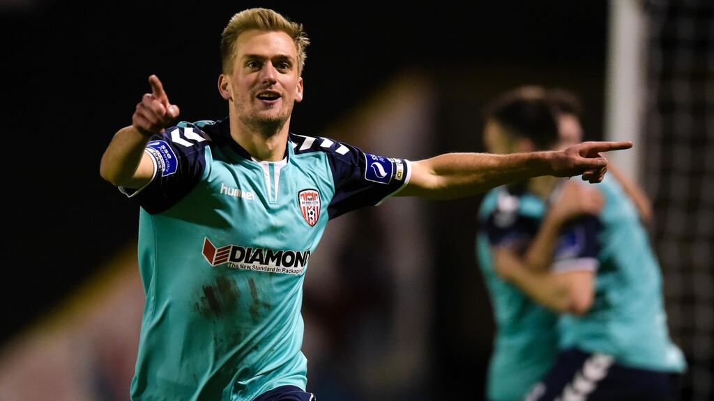 Derry’s Lukas Schubert celebrates scoring a goal against Bohemians at Dalymount Park. Photo: Tom Beary/Inpho
