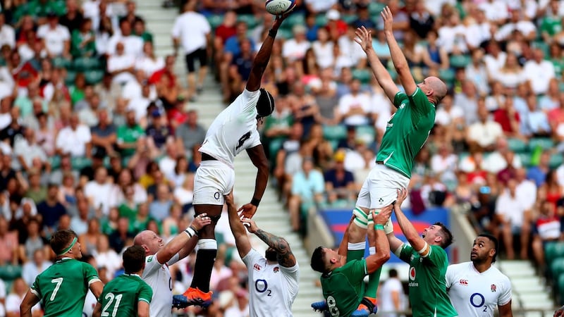 Maro Itoje steals an Irish lineout at Twickenham. Photograph: James Crombie/Inpho