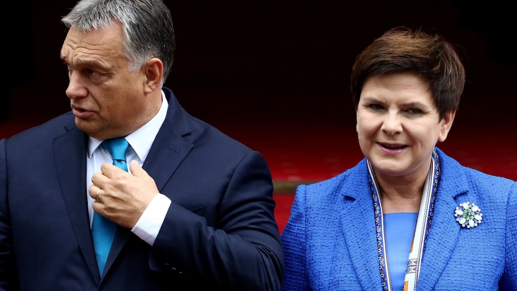 Hungary’s prime minister Viktor Orban and Polish prime minister Beata Szydlo in Warsaw, Poland. Photograph: Slawomir Kaminski/Reuters