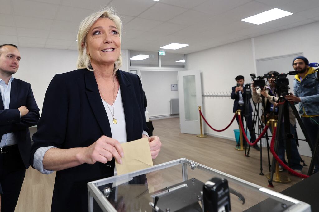 National Rally president Marine Le Pen votes in the European Parliament election in Henin-Beaumont, northern France, on Sunday. Photograph: Francois Lo Presti/AFP via Getty Images