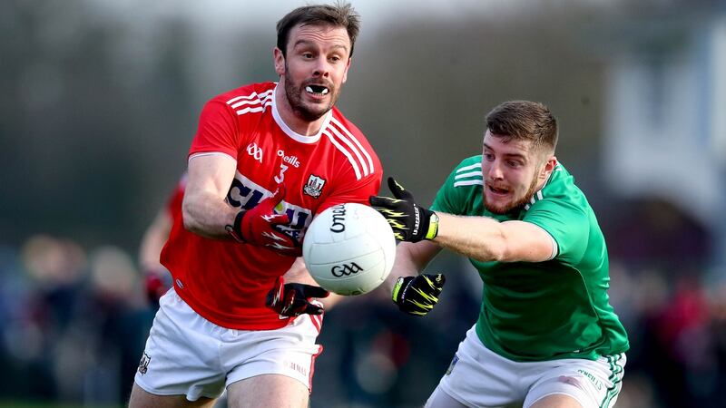 Limerick’s Brian Fanning and James Loughrey of Cork in action at the McGrath Cup semi-final at Rathkeale, Co Limerick on January 6th. Photograph: Ryan Byrne/Inpho