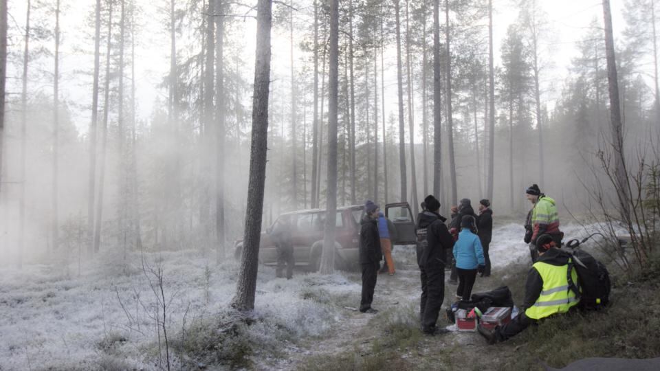Filming in the snowy forest
