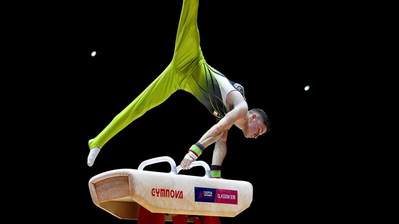 Ireland’s Rhys McClenaghan on his way to winning the gold medal in the Pommel Horse at the 2018 European Championships in Glasgow. Photograph: Neil Hall/Inpho