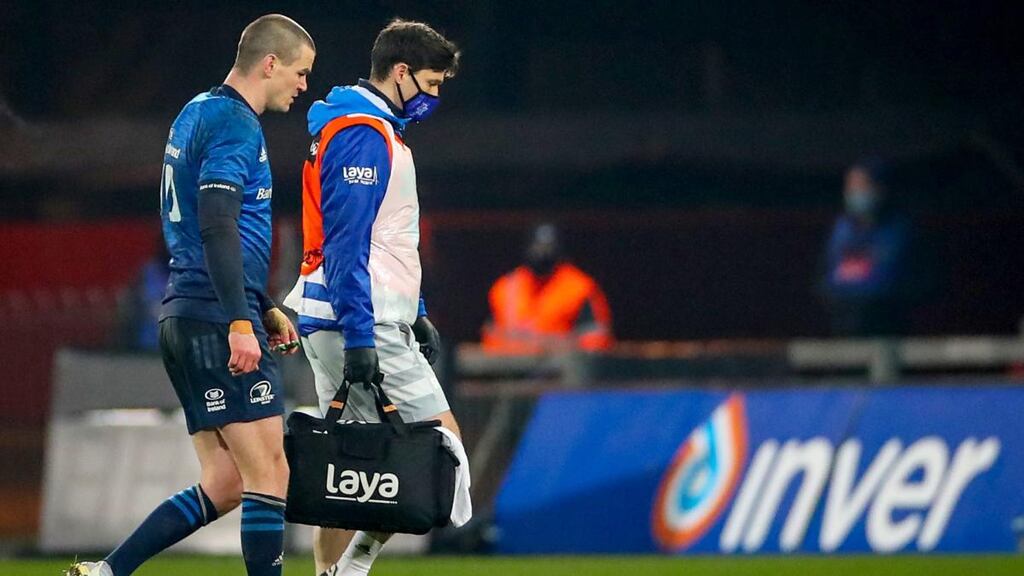 Johnny Sexton leaves the field during Leinster’s win over Munster. Photograph: James Crombie/Inpho