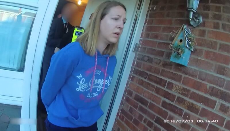 Screen grab taken from body-worn camera footage issued by Cheshire Constabulary of the arrest of Lucy Letby. Photograph: Cheshire Constabulary/PA Wire