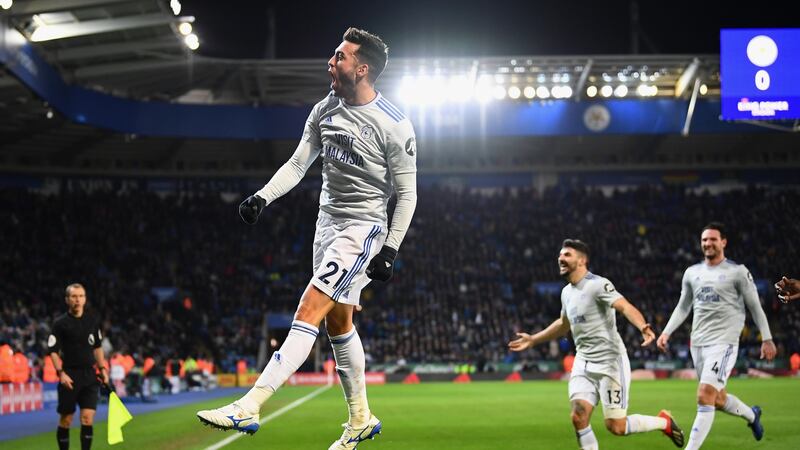 Victor Camarasa of Cardiff City celebrates after scoring his side’s winner. Photo: Clive Mason/Getty Images