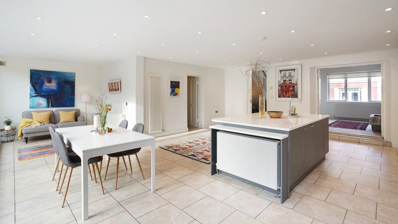 Open-plan kitchen, dining, living