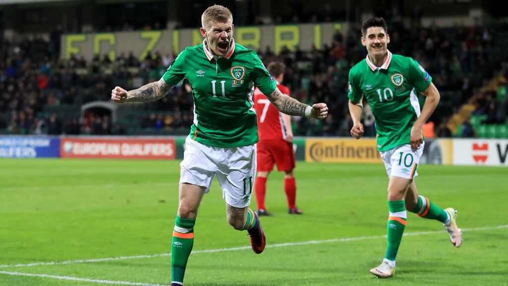 James McClean celebrates scoring his second and the Republic of Ireland’s third goal during the World Cup qualifying Group D game at the Zimbru Stadium in Chisinau. Photograph: Adam Davy/PA Wire