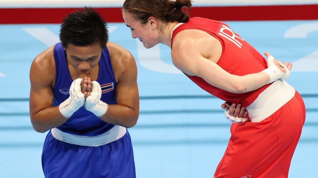 Ireland’s Kellie Harrington and Sudaporn Seesondee of Thailand after their fight. Photograph: James Crombie/Inpho