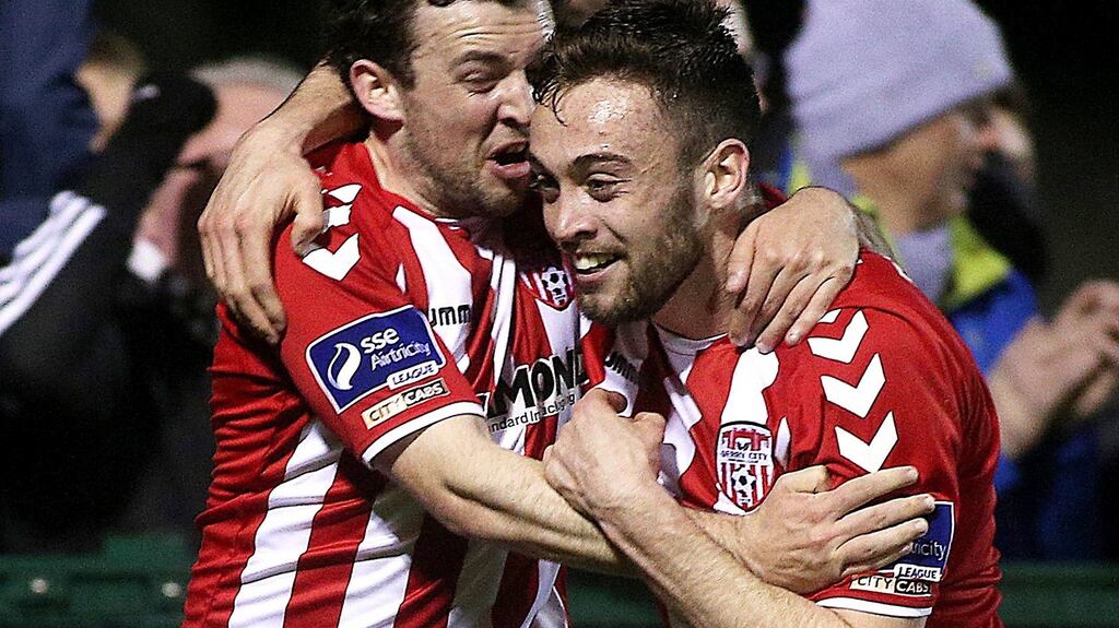 Derry’s Barry McNamee celebrates his goal with Nathan Boyle during their side’s 4-0 win over Drogheda United at Maginn Park in which he scored his first hat-trick. Photograph: Lorcan Doherty /Inpho/Presseye
