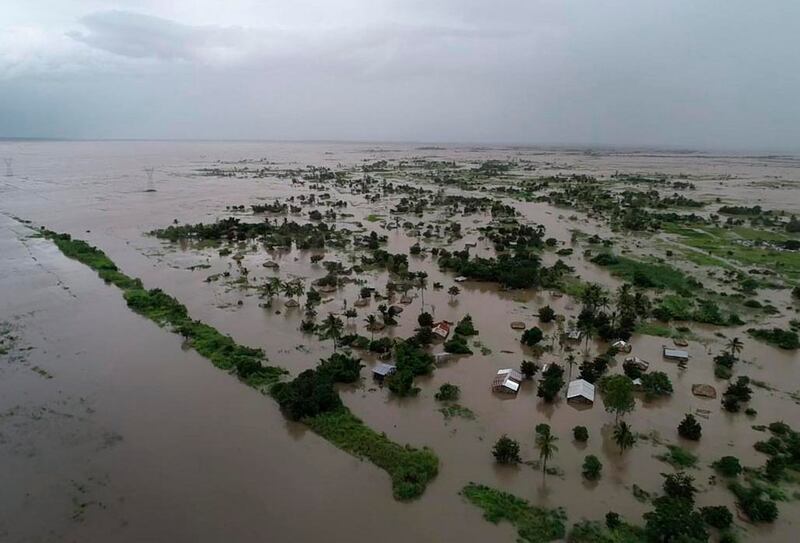 Flood waters cover large tracts of land in Nicoadala, Mozambique. Rapidly rising floodwaters have created ‘an inland ocean’ in the country, endangering many thousands of families, as aid organizations scramble to rescue and provide food to survivors of cyclone Idai. Photograph: World Food Programme via AP
