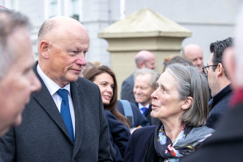 Mr Justice Donal O'Donnell, the Chief Justice, speaks to former chief justice Susan Denham at the funeral. Photograph: Tom Honan