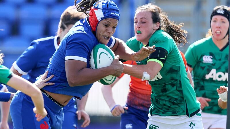 France’s Safi N’Diaye is tackled by Ireland’s Hannah Tyrrell during the Women’s Six Nations game in Donnybrook. Photograph: Bryan Keane/Inpho