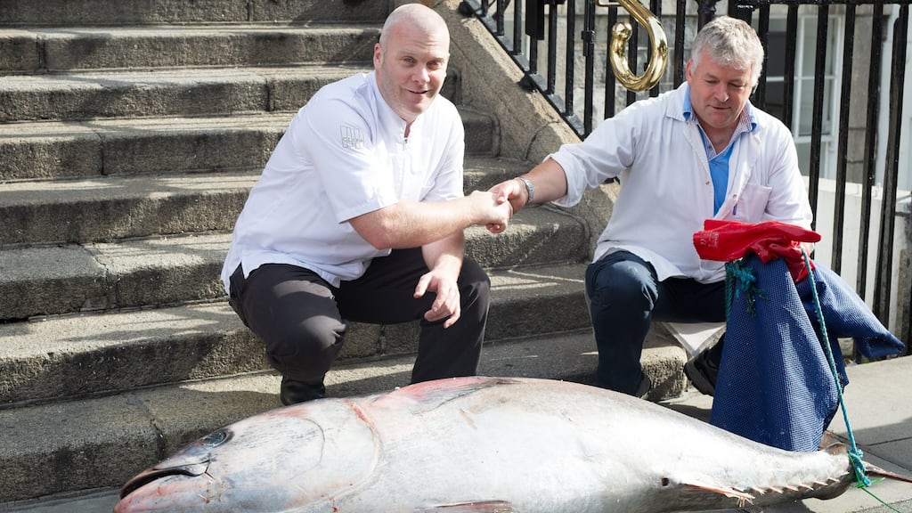 Sean Smith, head chef at the Cliff Townhouse, with Donal O’Sullivan of Shellfish De La Mer, who delivered the bluefin to Dublin.