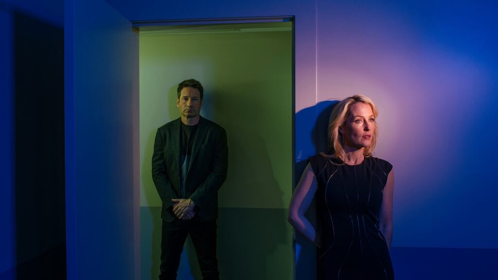 David Duchovny and Gillian Anderson at the Hollywood Roosevelt hotel in Los Angeles this month. The two are reprising their X-Files characters Mulder and Scully with a six-episode revival on RTÉ. Photograph: (Brinson+Banks/The New York Times