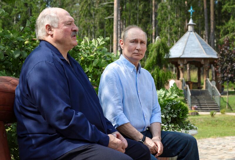 Belarusian president Alexander Lukashenko and Russian president Vladimir Putin on Valaam island near St Petersburg on Friday. Photograph: Gavriil Grigorov/AFP via Getty Images