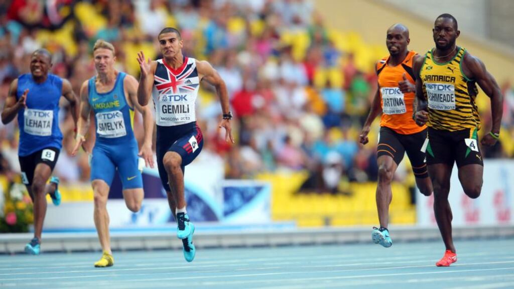 Adam Gemili of Great Britain (centre) competes in the Men’s 200 metres semi-finals at the IAAF World Athletics Championships in Moscow. Photograph: Julian Finney/Getty Images