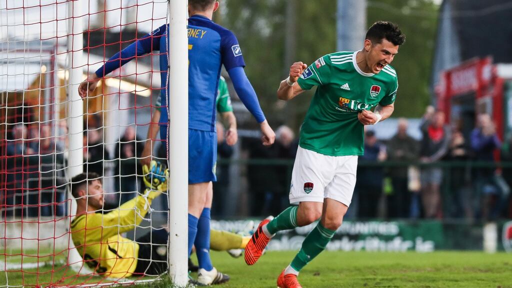 Graham Cummins celebrates scoring Cork City’s third goal during the SSE Airtricity League Premier Division match against Bray Wanderers at Turner’s Cross. Photograph: Tommy Dickson/Inpho