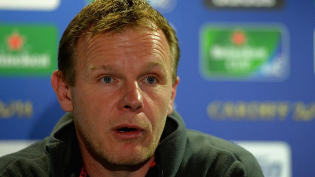 Director of Rugby Mark McCall talks to the media during the Saracens press conference at Twickenham. Photograph: Christopher Lee/Getty Images