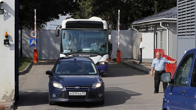 A bus believed to be carrying released Russian prisoners leaves the Vnukovo-2 airport in Moscow, Russia. Photograph: EPA