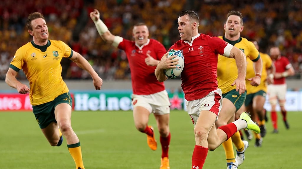 Gareth Davies scores a crucial try for Wales on the stroke of half-time against the Wallabies. Photograph: Mark Kolbe/Getty