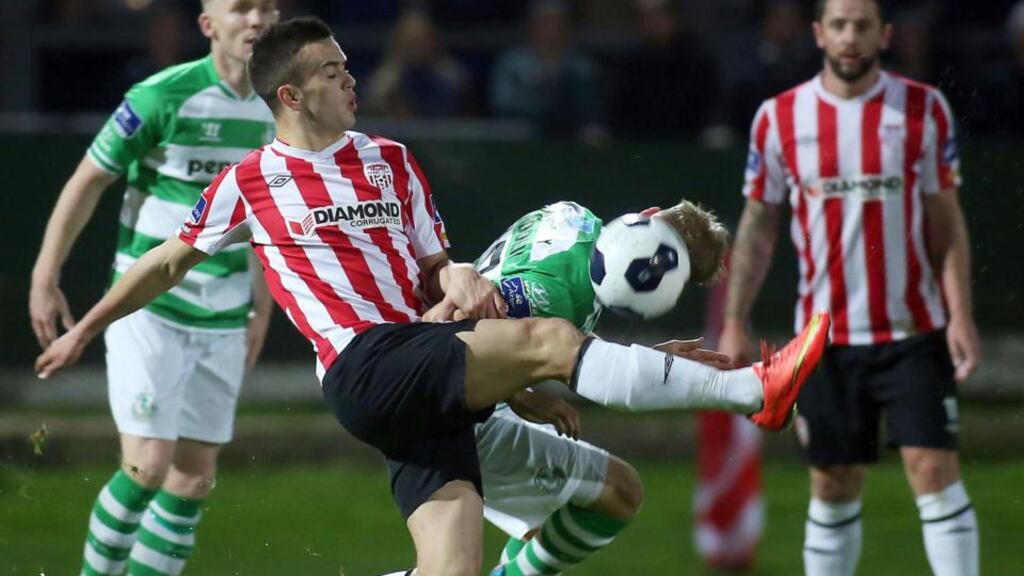 Derry City’s Michael Duffy challenges Shamrock Rover’s Conor Kenna during the FAI cup semi-final replay at the Brandywell. Photograph: Lorcan Doherty/Inpho/Presseye