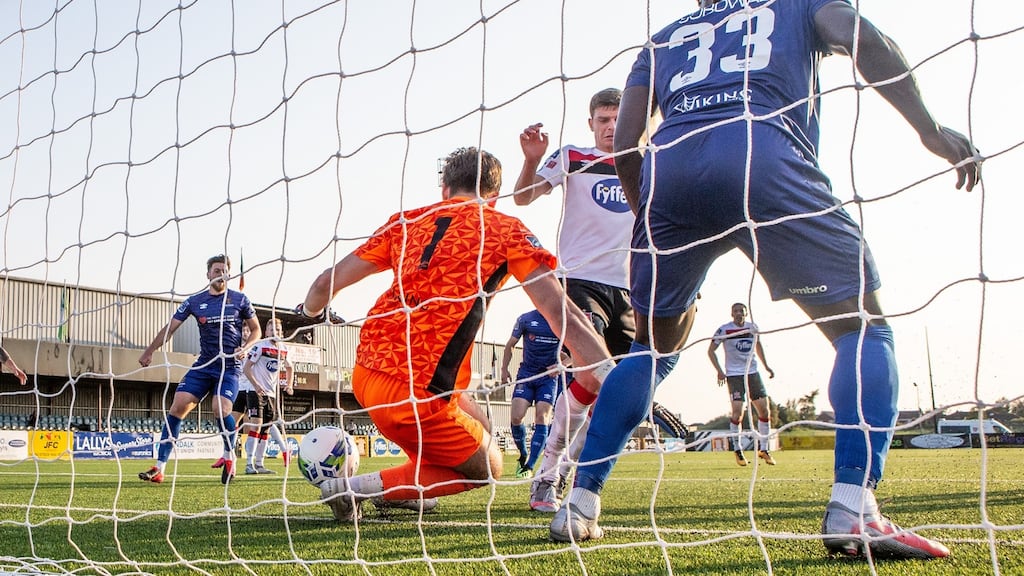 Waterford’s goalkeeper Tadhg Ryan is unable to save a shot from Dundalk’s Daniel Cleary to equalise during the Airtricity League match at Oriel Park. Photo: James Crombie/Inpho