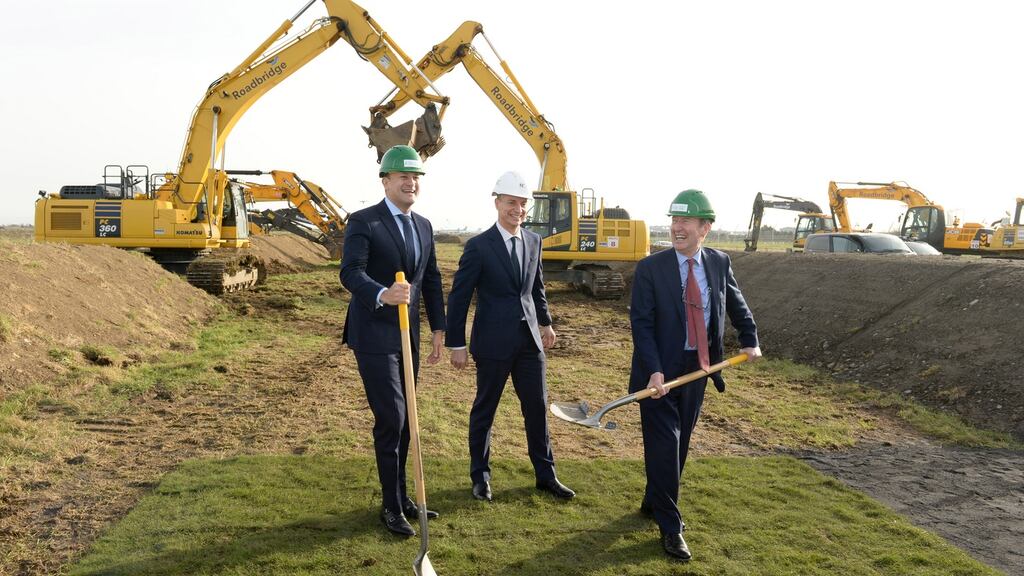 Taoiseach Leo Varadkar and Minister for Transport Shane Ross perform the official sod-turning for Dublin Airport’s new north runway project in February 2019.  With them is  DAA chief executive Dalton Philips. Photograph: Dara Mac Dónaill