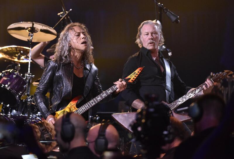 For James Hetfield and Kirk Hammett, Metallica’s lead guitarist, the first aim when writing the Black Album was to sprint as far away as possible from Justice’s incessant technicality. Photograph: Tim Mosenfelder/Getty Images