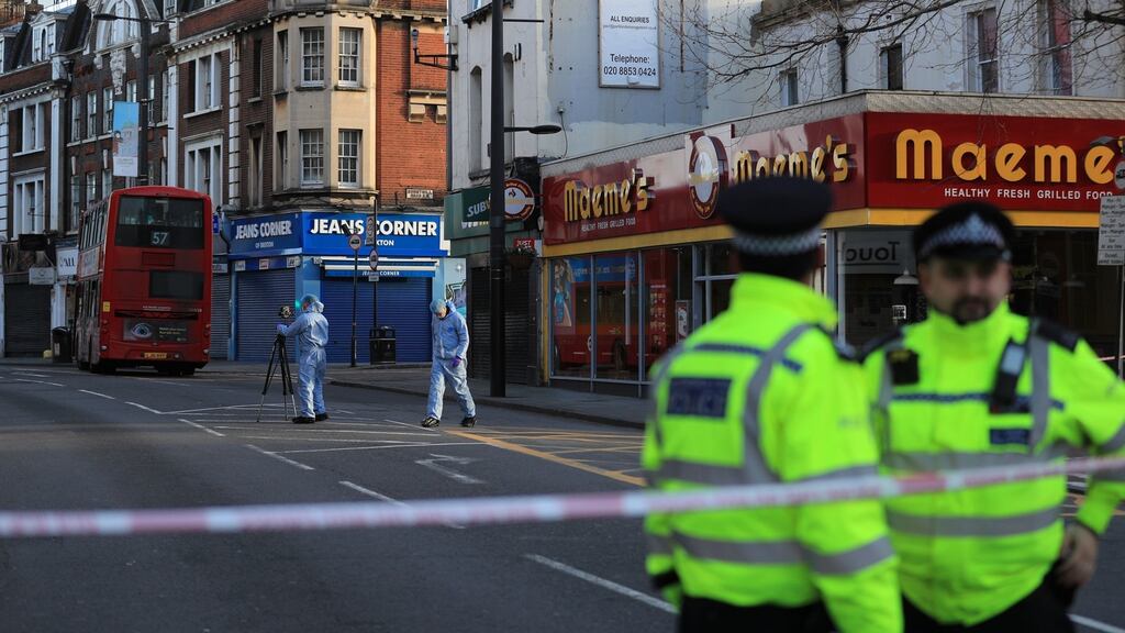 Forensic officers at the scene on Monday of the terror attack on Streatham High Road in th London. Photograph: Aaron Chown/PA Wire