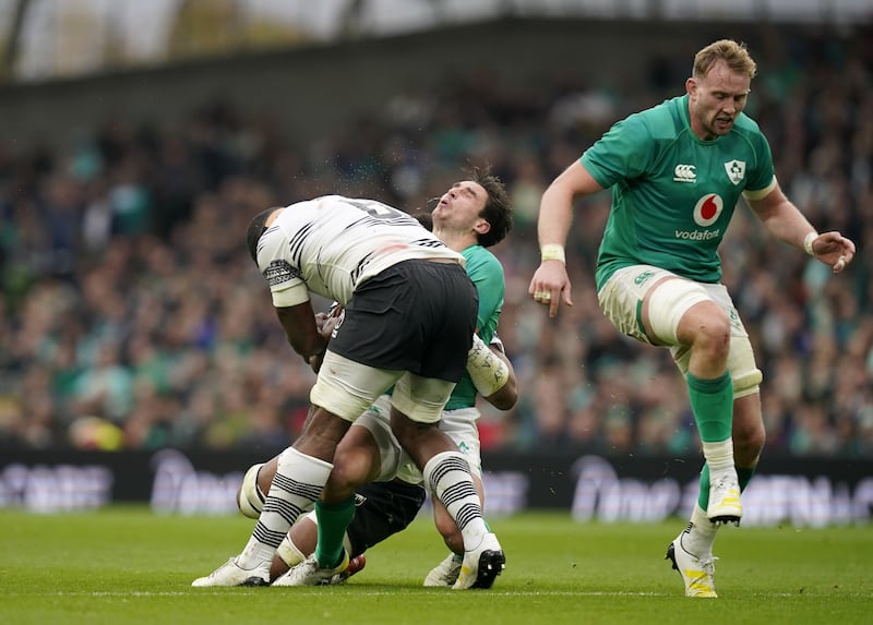 Joey Carbery was forced off for a HIA after taking an illegal high shot from Albert Tuisue.