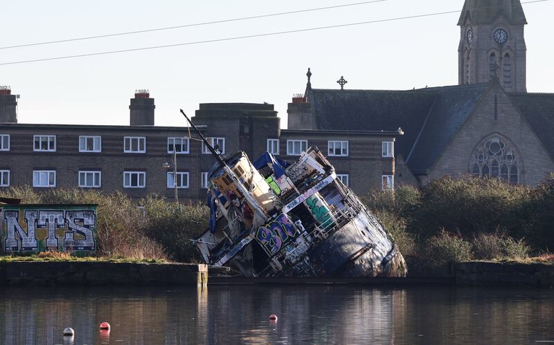 The ship has sat in an old graving dock at the opposite end of the Grand Canal Basin to the Bord Gáis Theatre for almost a decade. Photograph: Dara Mac Dónaill