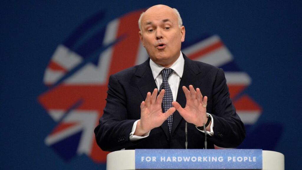 Britain’s Work and Pensions Secretary Iain Duncan Smith delivers his keynote speech on the third day of the Conservative Party Conference in Manchester yesterday. Photograph: Reuters.