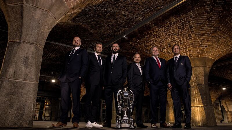 Scotland head coach Gregor Townsend, France head coach Fabien Galthié, Ireland head coach Andy Farrell, England head coach Eddie Jones, Wales coach Wayne Pivac and Italy coach Franco Smith at the launch of the 2020 Guinness Six Nations. Photograph: Billy Stickland/Inpho