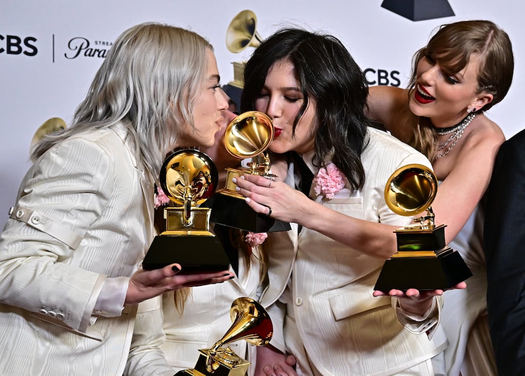 Taylor Swift (right)with with Julien Baker, Phoebe Bridgers, Lucy Dacus of US indie group boygenius after their wins at the 2024 Grammy Awards in Los Angeles on Sunday, February 4th. Photograph: Frederic J. Brown/AFP/Getty Images