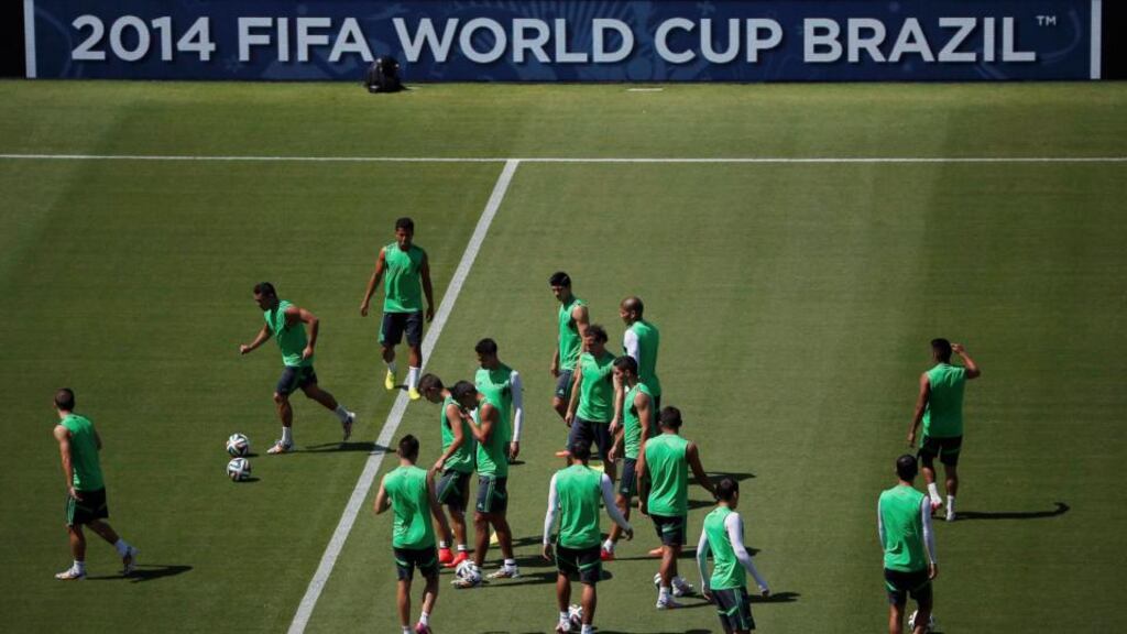 Mexico’s players train in the Dunas Arena in Natal earlier today. Photograph: Carlos Barria/Reuters
