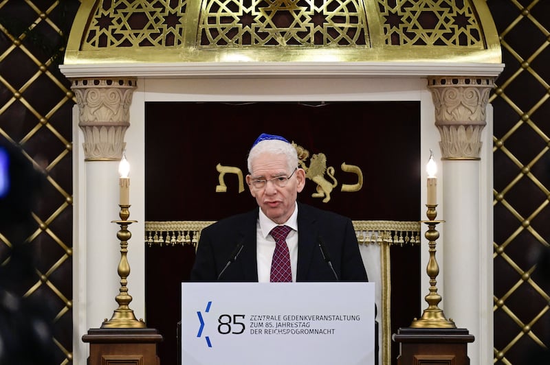 Dr Josef Schuster, president of the Committee of Jews in Germany, speaks in the Beth Zion Synagogue in Berlin during a commemoration ceremony for the 85th anniversary of the pogrom against German Jews. Photograph: John Macdougall/AFP/Getty