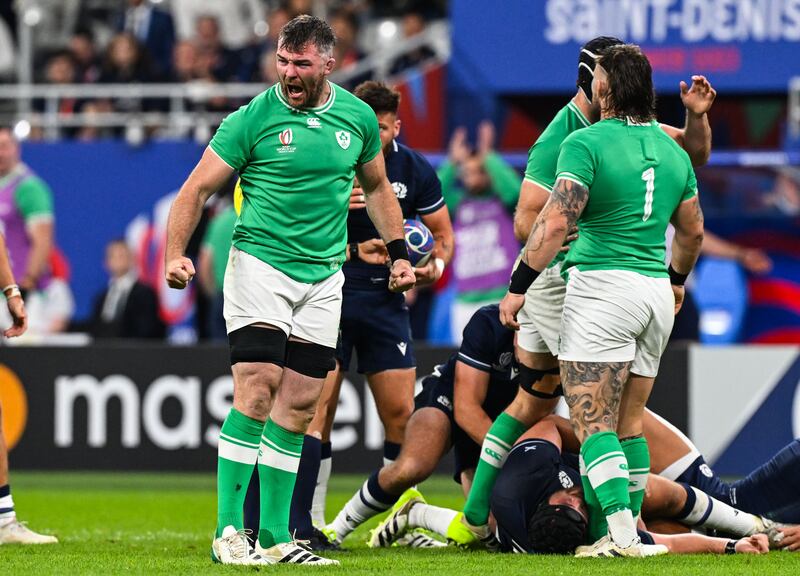 Ireland’s Peter O’Mahony celebrates winning a penalty against Scotland in the World Cup at Stade de France, Paris, in October 2023. Photograph: Craig Watson/Inpho
