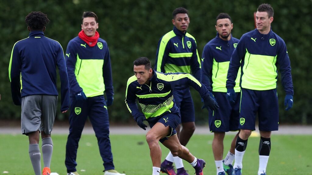 Alexis Sanchez training ahead of Arsenal’s Champions League match with PSG. Photograph: Andrew Matthews/PA Wire.