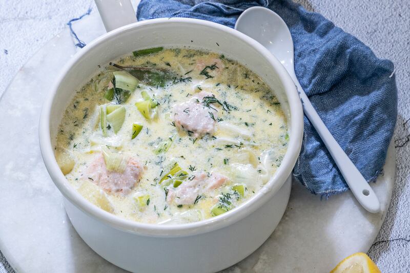 A very simple seafood stew of leek potato, salmon, dill.