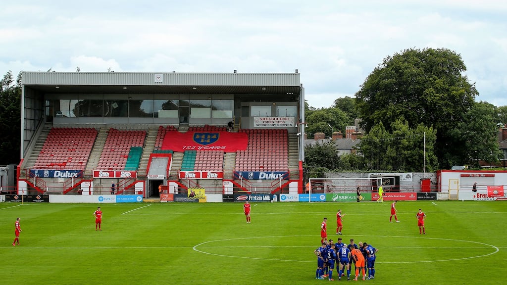 Waterford huddle before their Airtricity League game against Shelbourne at an empty Tolka Park. Photo: Tommy Dickson/Inpho