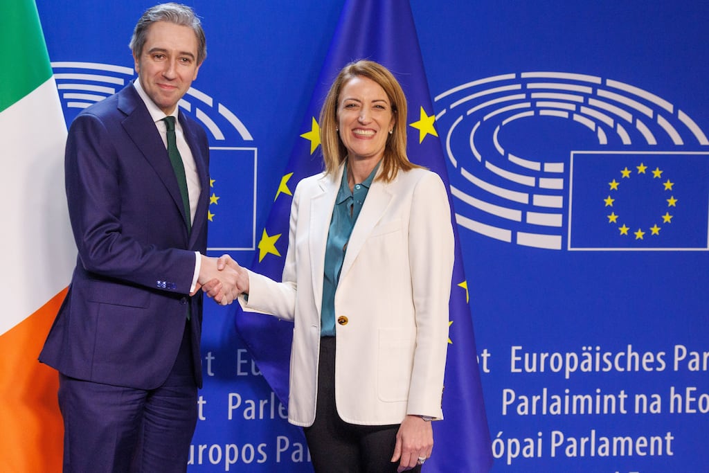 European Parliament president Roberta Metsola and Taoiseach Simon Harris during his visit to the EU this week as a new migration pact was approved. Photograph: Olivier Matthys/EPA