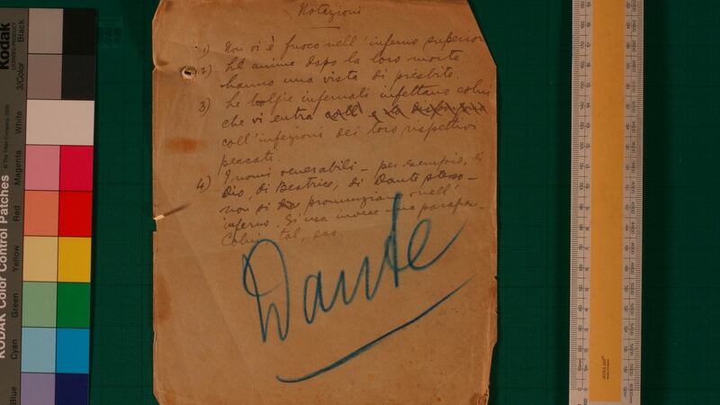 An image from Joyce’s earliest writings in his characteristic hand - some notes on Dante, and his accounts and jottings kept in a school notebook in Paris.