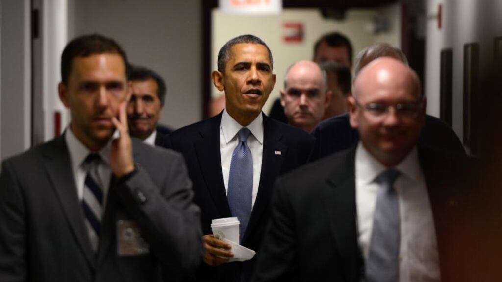 US President Barack Obama arrives at the Federal Emergency Management Agency  National Response Coordination Centre in Washington. Mr Obama urged House Speaker John Boehner, a Republican from Ohio, to put a “clean” government Bill to a vote to prove his claim that it would not be passed. Photograph: Bloomberg