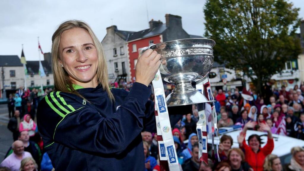 Galway centre half back  Therese Maher   with the O’Duffy Cup in Ballinasloe. Photograph: James Crombie/Inpho