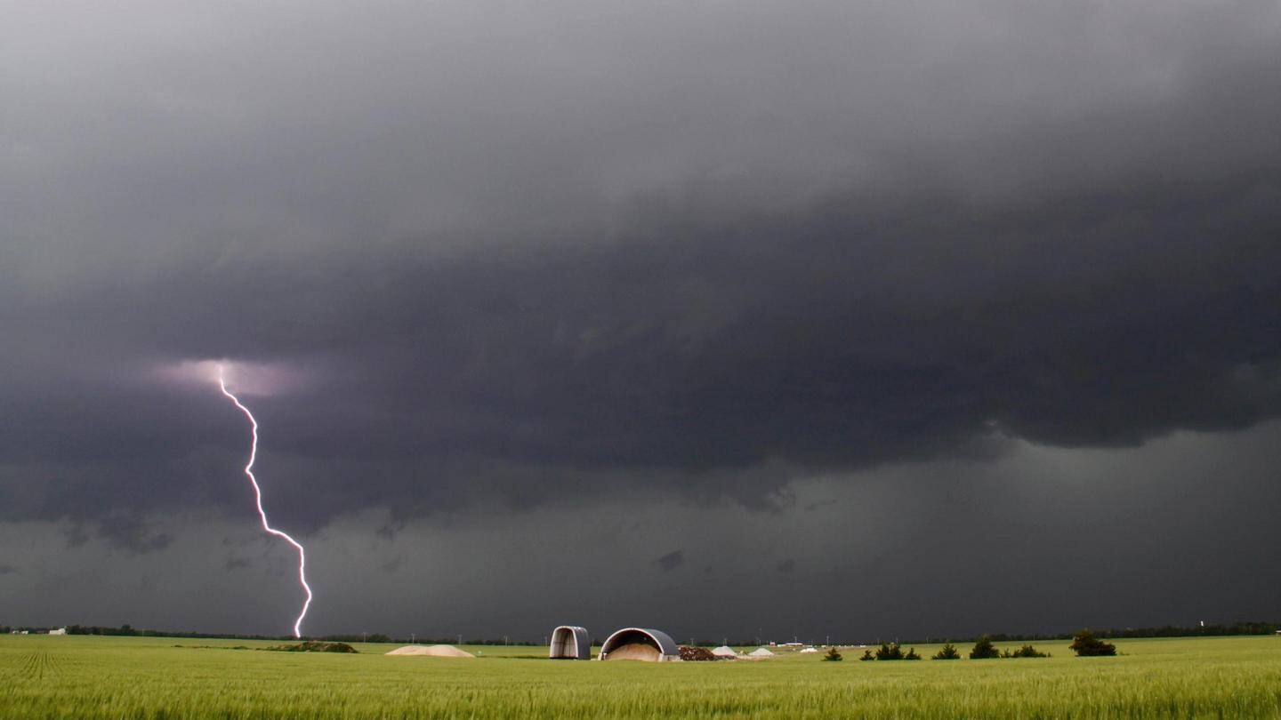 Lightning from a tornadic thunderstorm passing over Clearwater, Kansas, yesterday. Photograph: Gene Blevins/Reuters