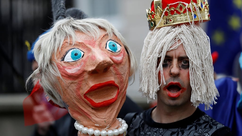 A protester in London holds an effigy of Britain’s prime minister Theresa May during an anti-Brexit demonstration in London, England. Photograph: Peter Nicholls/Reuters