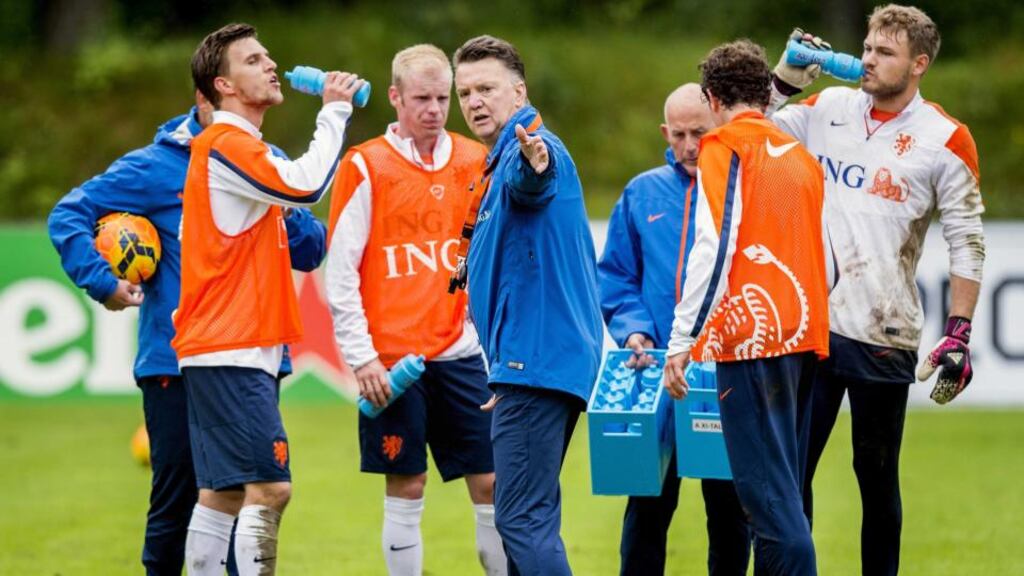Netherlands  national  coach Louis van Gaal (centre) leads a training session of the Dutch national  team in Hoenderloo, the Netherlands. Photograph:  Koen Van Weel/EPA