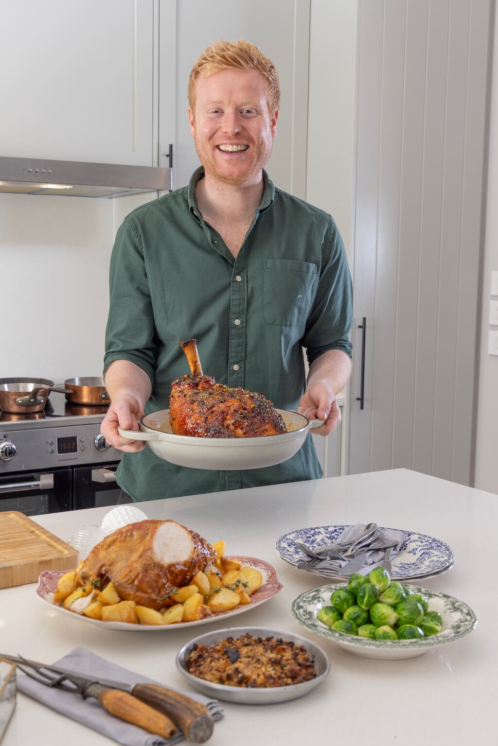 Christmas dinner made easy: Mark Moriarty's brined turkey crown, glazed ham with spiced sausage meat stuffing and all the trimmings. Photograph: Harry Weir